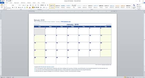 calendar ms word